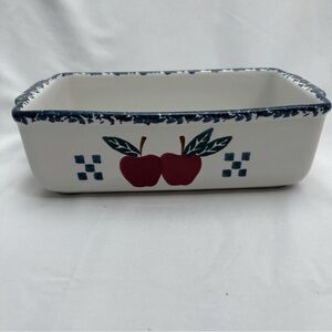 Vintage Chaparral Pottery Stoneware Loaf Pan Blue Rim Apples 9.5”